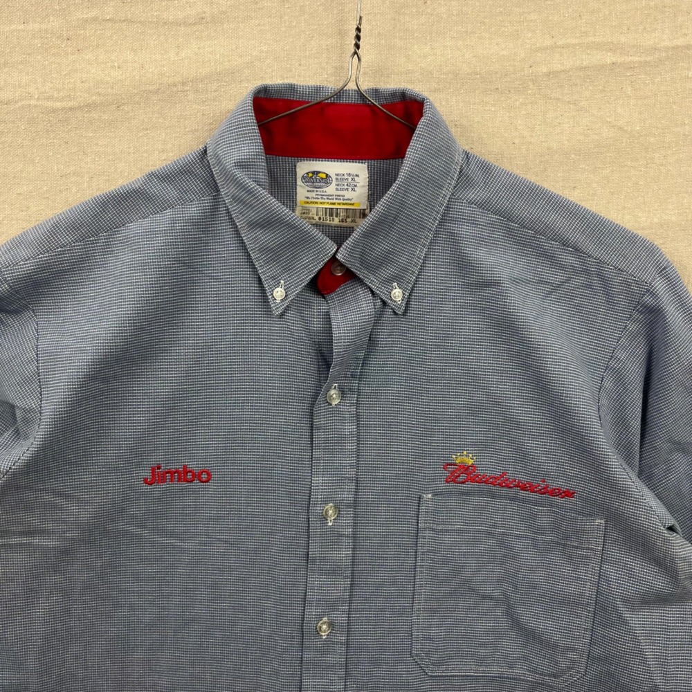 Vintage Riverside Work Shirt XL Blue Budweiser Bud Light Jimbo Embroidered Patch